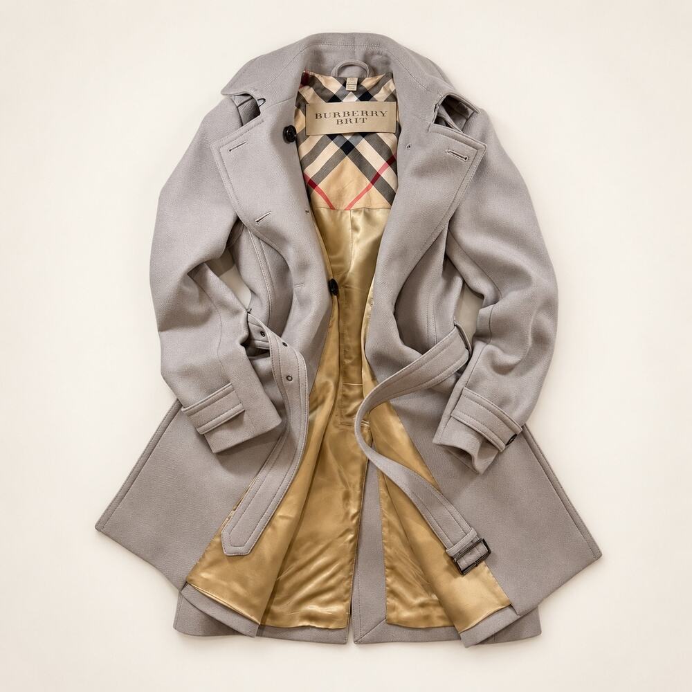 Burberry Brit Balmoral Wool Cashmere Trench Coat Stone Grey Belted Check Size 6 - Picture 2 of 7
